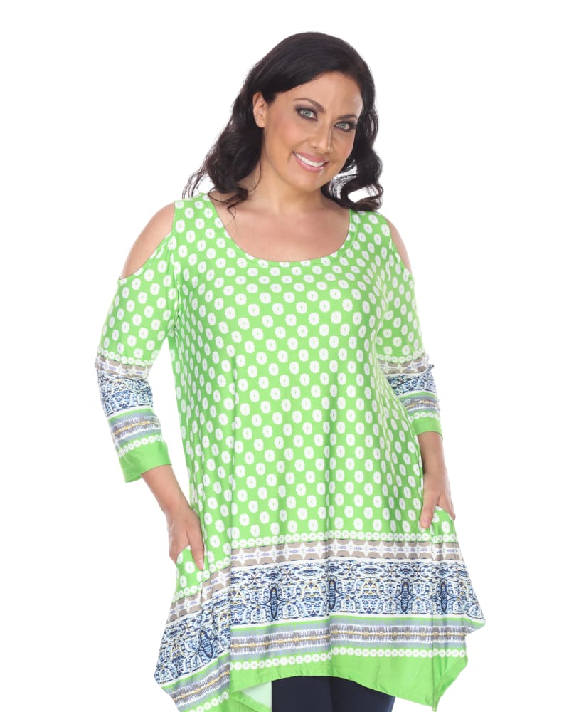 Front of a model wearing a size 1X Antonia Cold Shoulder Tunic in Lime/White by White Mark. | dia_product_style_image_id:246973
